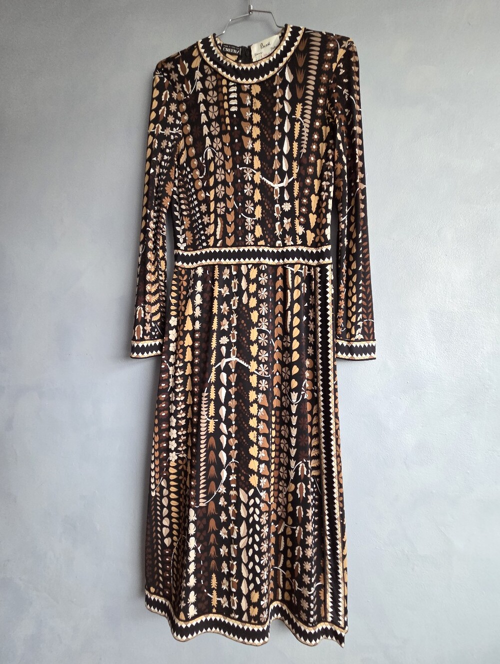 AVERARDO BESSI BLACK, TAN WHITE SILK JERSEY VINTAGE MIDI DRESS, SIZE US 6